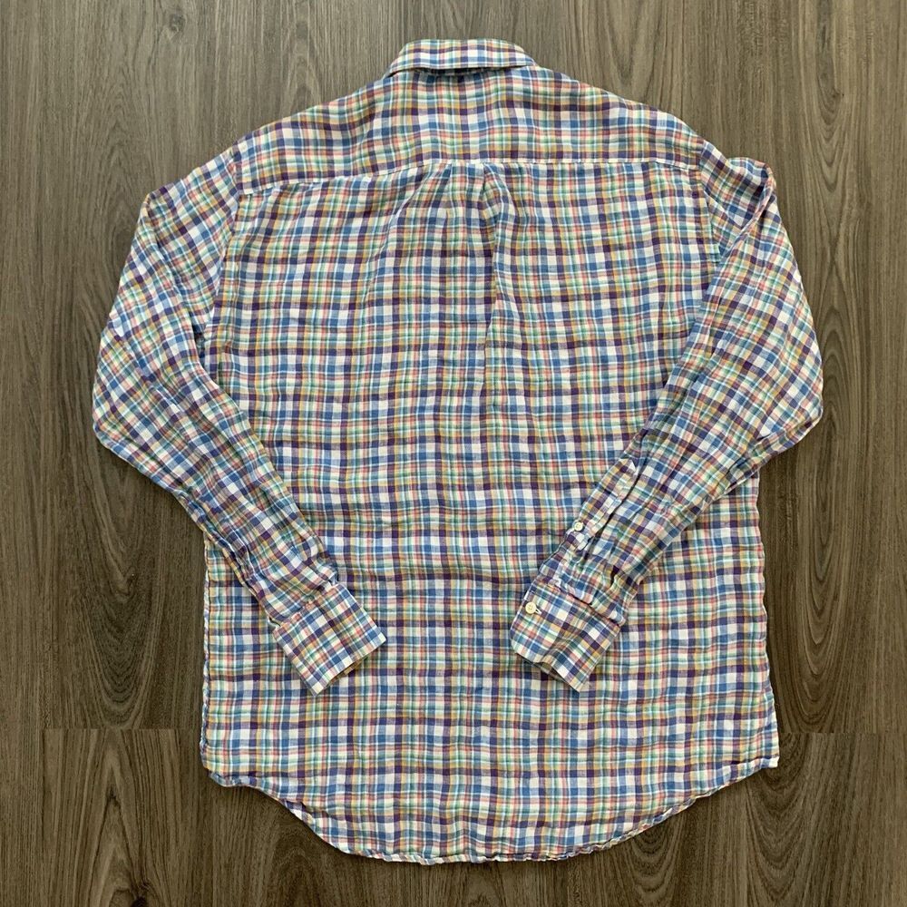 Peter Millar Shirt Mens Large Blue Pink Plaid Button Up Casual Pocket 100% Linen - Picture 4 of 7